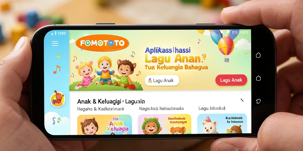 Antarmuka aplikasi FOMOTOTO dengan fitur lagu anak yang interaktif.